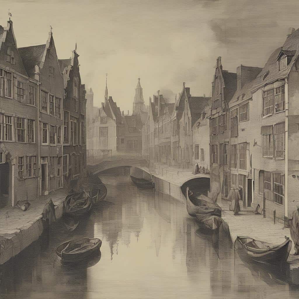 Παλίες γόνδολες και ιστορικά κτίρια δίπλα σε κανάλι στην Ολλανδία, εμπνευσμένο από την ιστορία και την τέχνη.