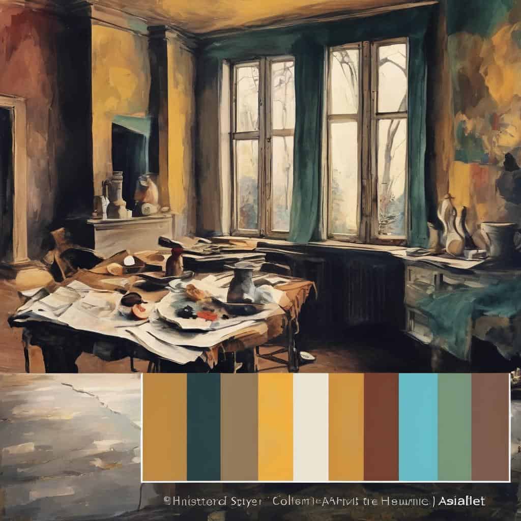 Γραφείο με πίνακα και πολλά αντικείμενα, στο φως του ήλιου, δημιουργώντας ατμόσφαιρα τέχνης και ιστορίας.