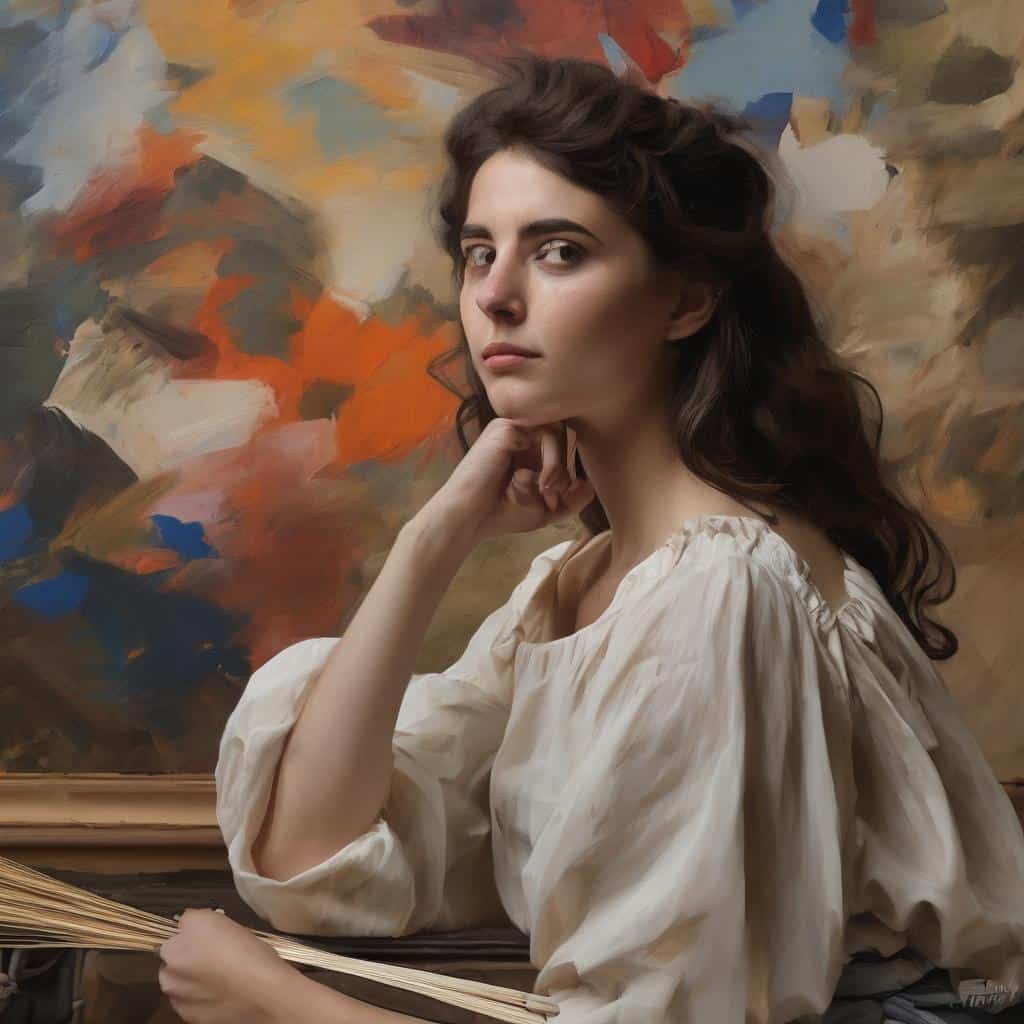 Γυναίκα με έντονη προσωπικότητα και ιστορική τέχνη, σε καμβά που αντικατοπτρίζει την επιρροή της ιστορίας στην τέχνη.