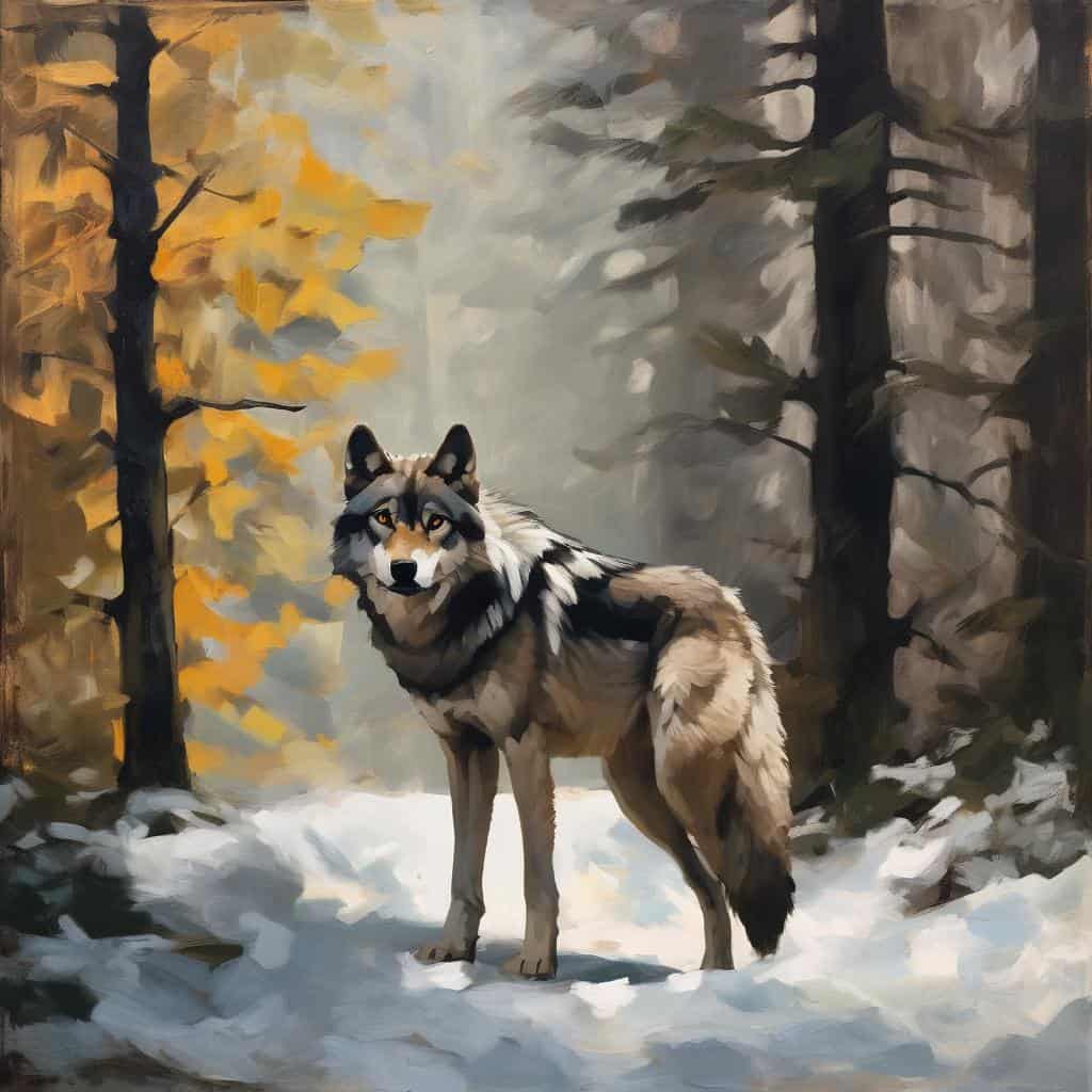 Λύκος σε χειμερινό τοπίο με δέντρα, τέχνη εμπνευσμένη από την ιστορία και τη φύση.